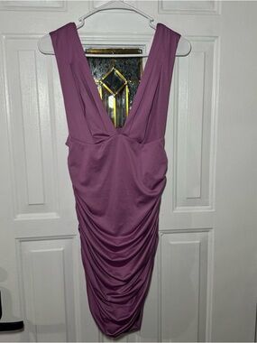 Amazon Sleeveless Ruched V-Neck Mini Dress in Plum